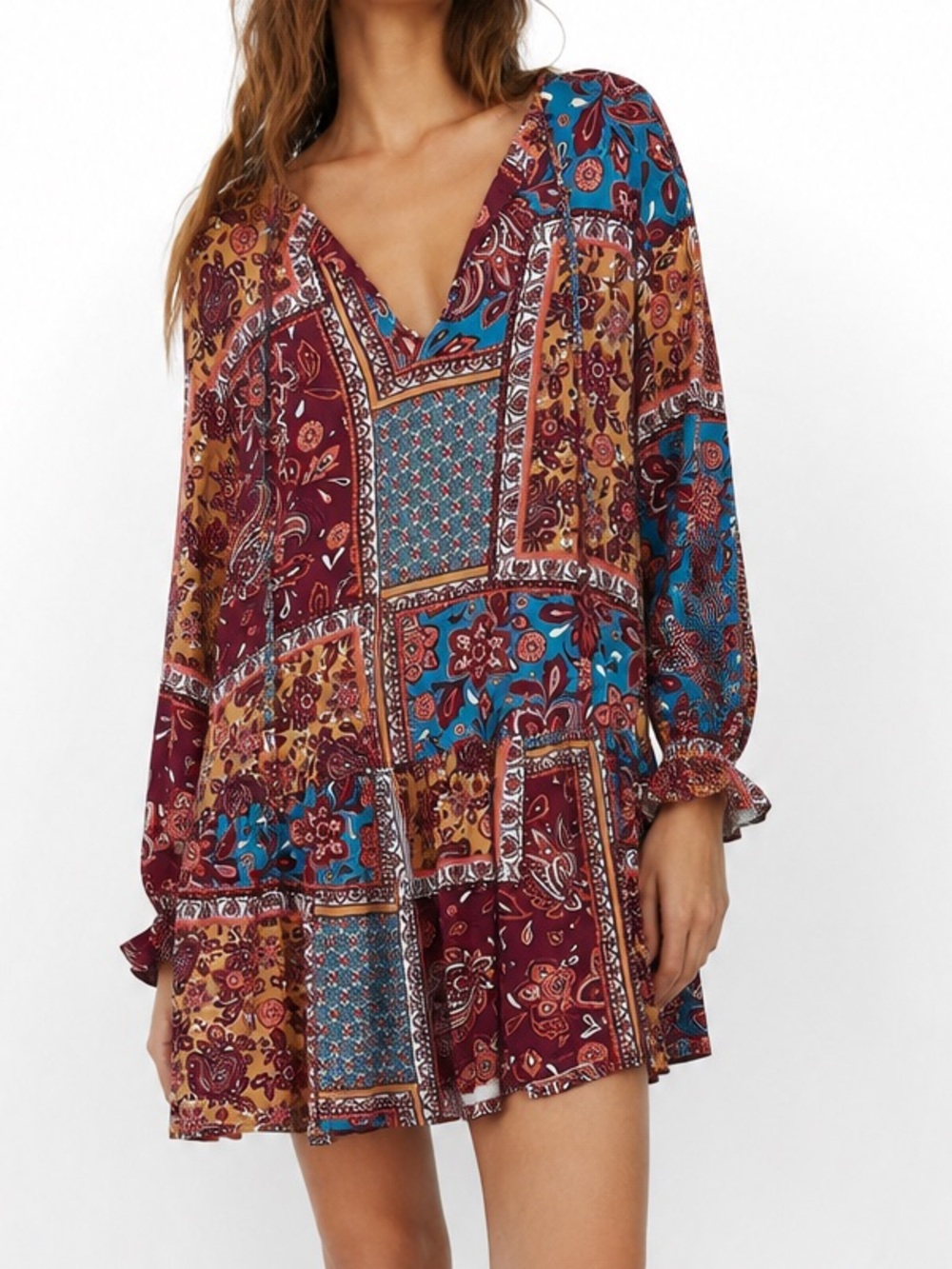 NWT Zara patchwork boho western floral long sleeve mini dress NEW size M medium